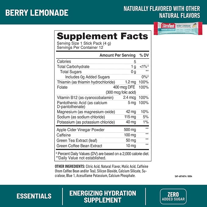 SlimFast High Protein Fruit Powder Triple Berry Vanilla Protein Powder Meal Replacement 21 Servings + SlimFast Hydration Packets Electrolytes Interrmittent Fasting Apple Cider Vinegar 12 Count