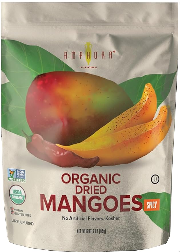 Amphora Spicy Organic Mangoes Snack Fruits Vegan Kosher Gluten Free - 3 Oz Bag (Pack of 6)