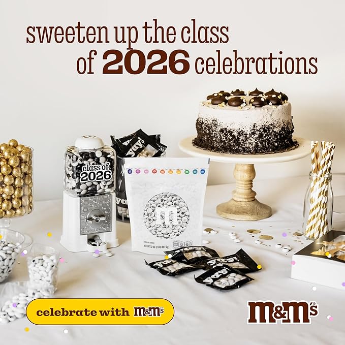 M&ampM’S WORLD Class of 2026 Milk Chocolate Candies 2 Pounds of White Bulk Candy Printed With Grad-Themed Images Resealable Bag for Graduation Parties Grad Gifts DIY Favors &amp More