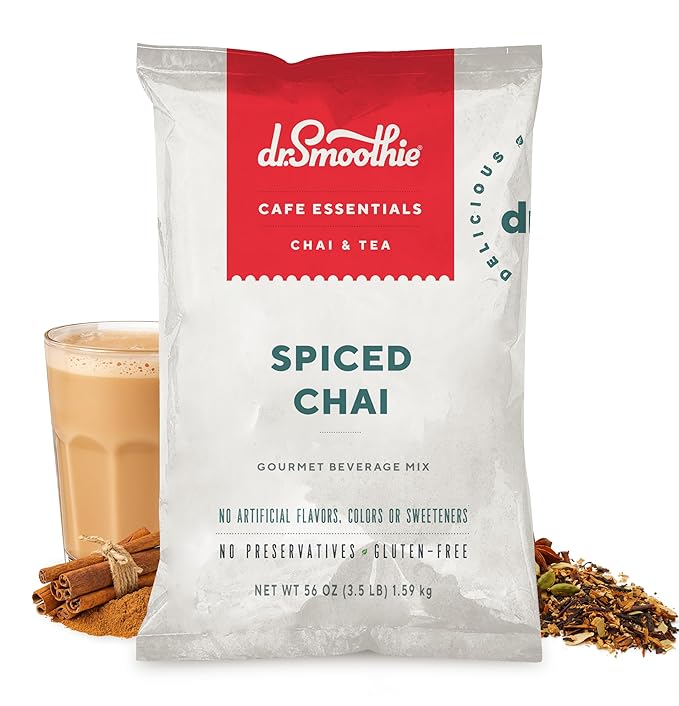 Dr. Smoothie Café Essentials Spiced Chai – No Artificial Colors Flavors or Sweeteners – Shelf Stable – 116mg of Caffeine per Serving – Great for Hot Iced &amp Frozen Frappes (3.5 lb Bag 26 Servi
