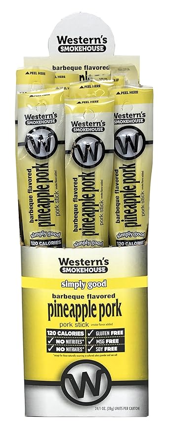 Western's Smokehouse Meat Sticks Barbeque &amp Pineapple Pork Jerky Sticks – Pack of 24 Meat Sticks Individually Wrapped (1.0 Ounce) Gluten-Free MSG-Free Soy-Free Nitrate-Free Nitrite-Free