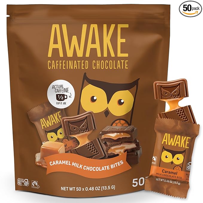 AWAKE - Caffeinated Chocolate Bites - Caramel Milk Chocolate 50 Bites - 50mg Caffeine - Individually Wrapped Energy Bites - Coffee Alternative - Fairtrade Gluten Free Non GMO - 0.48oz