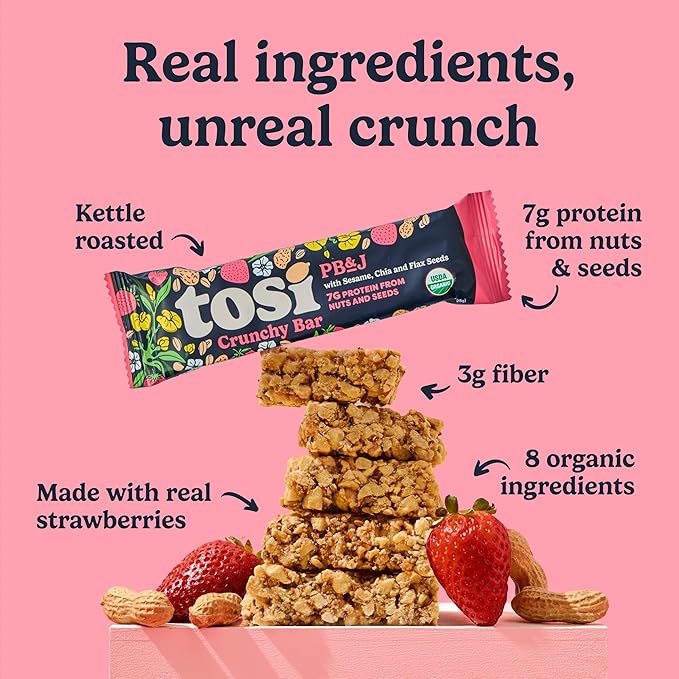 Tosi Nut Bars PB&ampJ Healthy Snacks for Adults &amp Kids Plant Based Crunchy Bars (7G Protein) Organic Keto Snacks Vegan Gluten &amp Soy Free Low Sugar Omega 3s 1oz 12-Pack