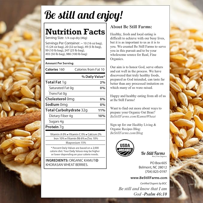 Be Still Farms Organic Kamut Wheat Berries Khorasan (4.8lb) - Ancient Whole Grain Bulk - Ideal for Flour Pasta Salads Soups - High in Fiber &amp Protein | USA Grown | USDA Certified | Vegan | Non-