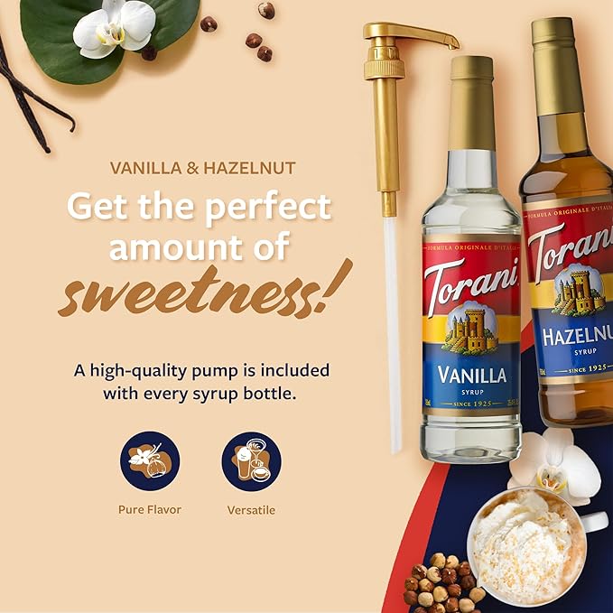 Torani Syrups Hazelnut and Vanilla Syrup Variety 2-Pack Coffee Syrups for Drinks Pumps Included 25.4 Fl Oz Ea