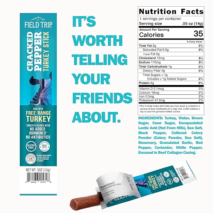 Field Trip Free Range Cracked Pepper Turkey Jerky Sticks Keto Paleo Gluten Free Allergy Friendly Snack High Protein 35 Calorie 0.5oz 24 Pack