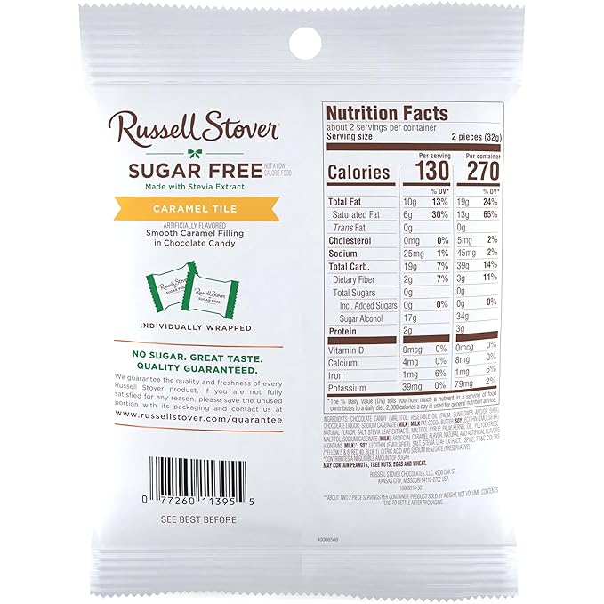 RUSSELL STOVER Sugar Free Caramel Chocolate Candy Tiles 2.25 oz. bag (Pack of 10)