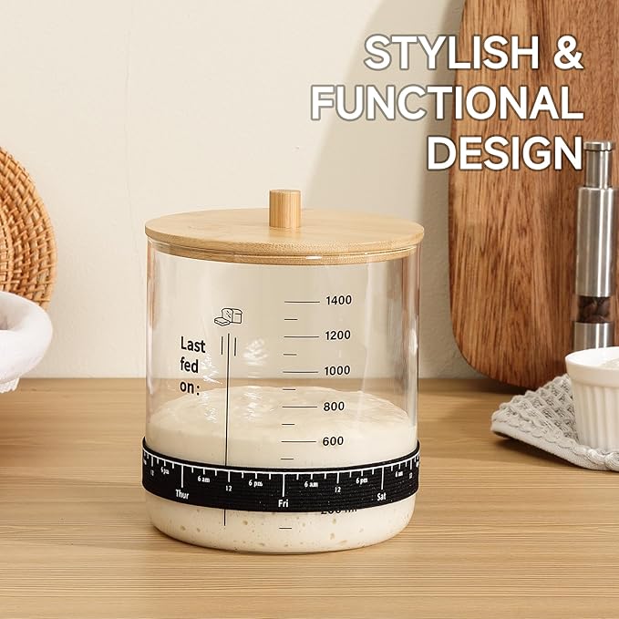 Premium Sourdough Starter Jar - 50 oz Large Glass Jar with Bamboo Lid Cloth Cover Date Tracker Thermometer and Scraper Stylish Design and Wide Mouth Starter Kit