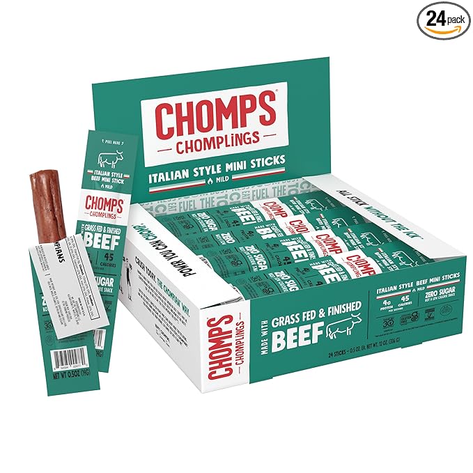 Chomps Snack Size Grass-Fed Italian Beef Jerky Snack Sticks 0.5oz 24-Pack - Keto Paleo Whole30 4g Lean Meat Protein Gluten-Free Zero Sugar Food Non-GMO Chomplings