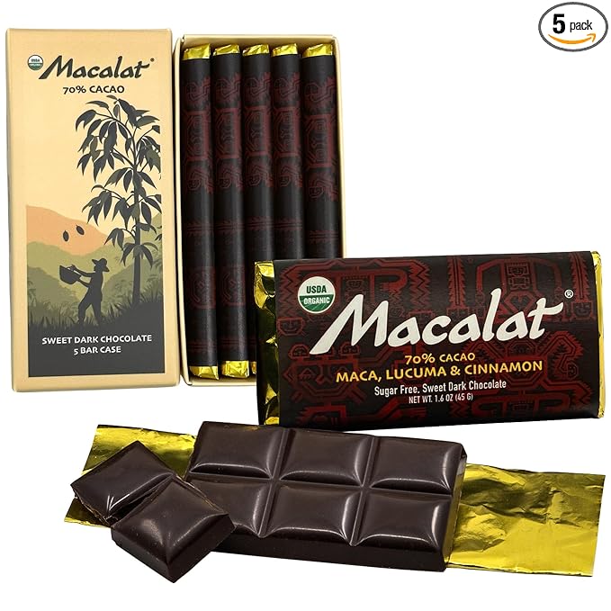Macalat Original Sugar-Free Sweet Dark Chocolate 70% Peruvian Organic Cacao Bar with Lucuma and Cinnamon Sweetened with Allulose and Monkfruit Chocolate Bar Vegan Non-GMO 1.5 oz 5 Pack
