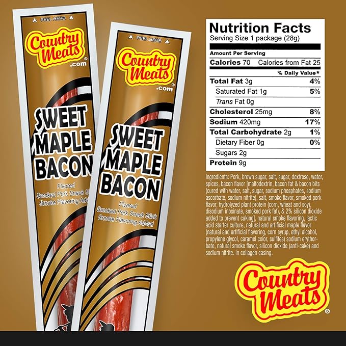 Country Meats Meat Sticks 0 Trans Fat USDA Certified Good Source of Protein Carb Conscious Snack (24 Meat Sticks Sweet Maple Bacon)