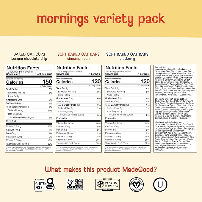 MadeGood Mornings Soft-Baked Oat Bars &amp Oat Cups Variety Pack (30 count)