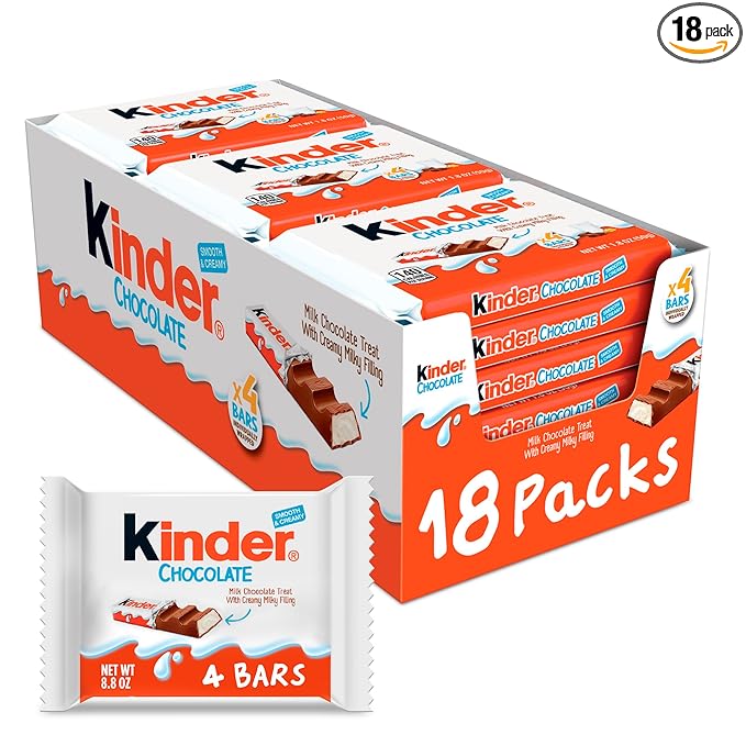 Kinder Chocolate 18 Four Count Packs Milk Chocolate Bar with Creamy Milky Filling Individually Wrapped Candy 1.8 oz Each
