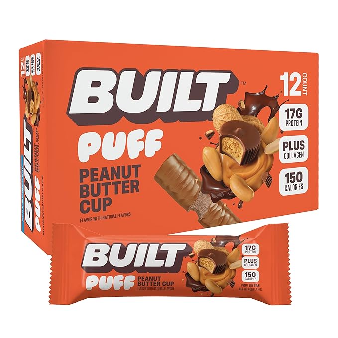 BUILT Bar Puff Protein Bars - Peanut Butter Cup - 17g Protein Snack Bars with Collagen - Calorie Conscious &amp Gluten Free - 12 Count