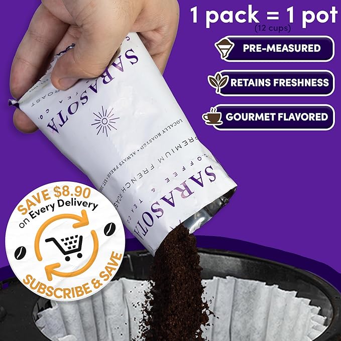 Coffee Packets – Dark French Roast Ground 2.5oz Extra-Strong Pre-Measured Packs for 12-Cup Drip Brewers Bulk Single-Pot Fractional Bags 36 Count | Sarasota Coffee