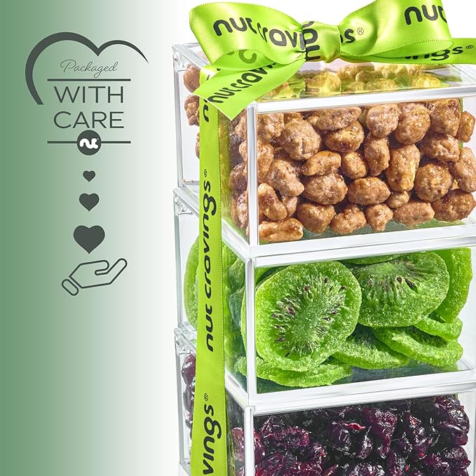 NUT CRAVINGS - Easter Dried Fruits &amp Mixed Nuts Acrylic Tower Gift Basket with Ribbon (3 Tier Assortment) Ramadan Gifts Food Arrangement Healthy Snack Care Package Kosher