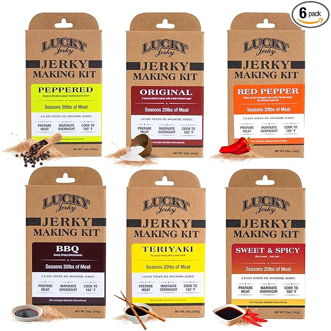 Lucky Beef Jerky DIY Jerky Seasoning and Cure Kits - Variety Pack with Six Flavors | Make Your Own with Sweet and Spicy Peppered Red Pepper Teriyaki BBQ and Original- Season 120lbs of Meat