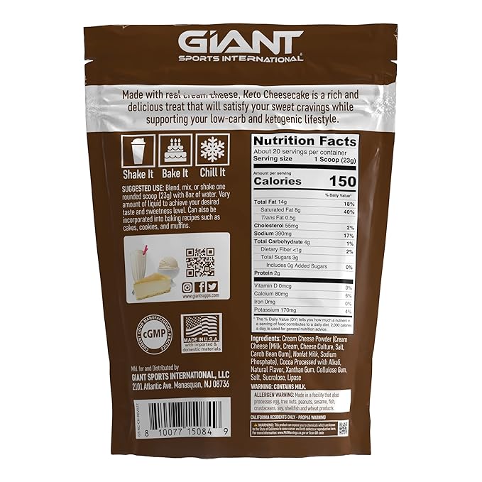 Giant Sports Keto Cheesecake Shake Mix - Delicious Low Carb Ketogenic Diet Gluten Free Powder Mix - Works Great with Almond Milk - Chocolate (20 Serving Bag)