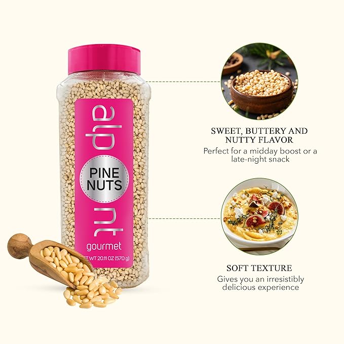 ALPONT GOURMET Raw Pine Nuts - Unsalted &amp Crunchy - Whole Pine Nuts for Snacking Topping Baking Pesto - All Natural &amp Non-GMO - 20.11oz (570g)