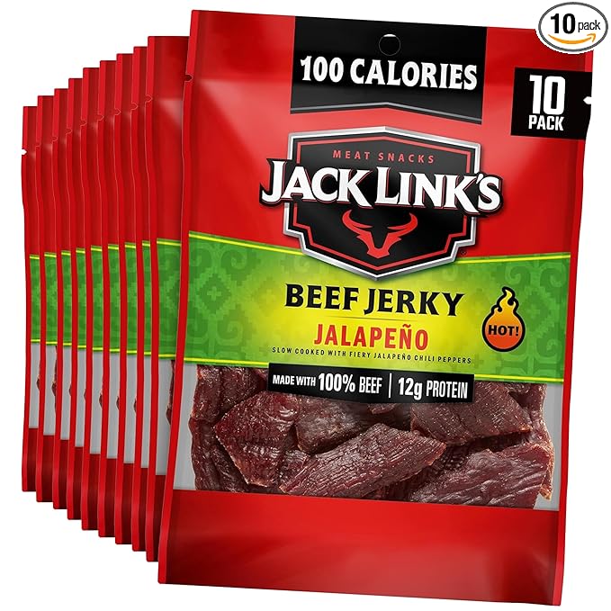 Jack Link's Jalapeño Beef Jerky Multipack - (10 Pack) 1.25 oz Bags - Ready to Eat Real Meat Protein Snacks - 12g Protein per Serving - Made with 100% Real Beef