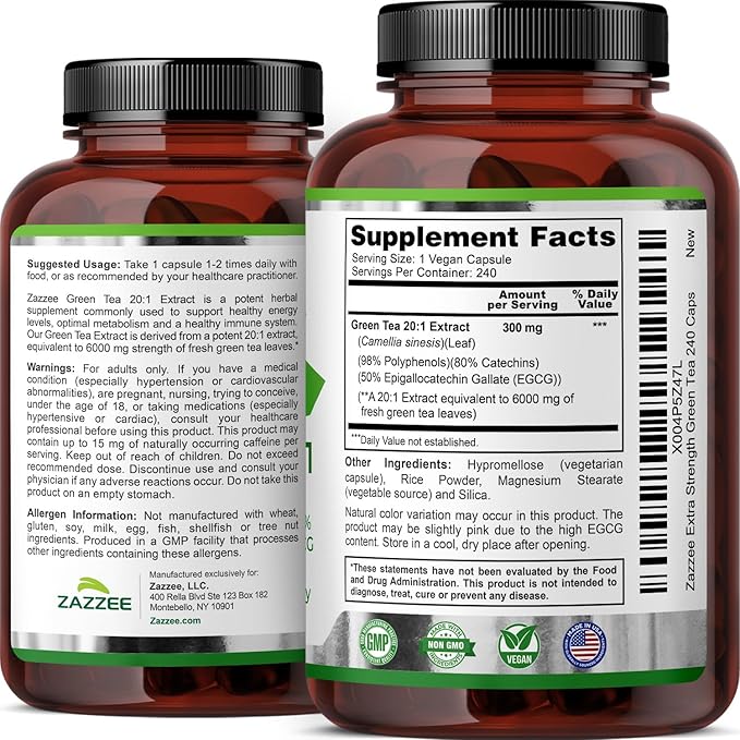 Zazzee Extra Strength Green Tea 20:1 Extract 50% EGCG 98% Polyphenols 80% Catechins 240 Vegan Capsules 8 Month Supply Certified Kosher Antioxidant &amp Metabolism Support Non-GMO Made in the