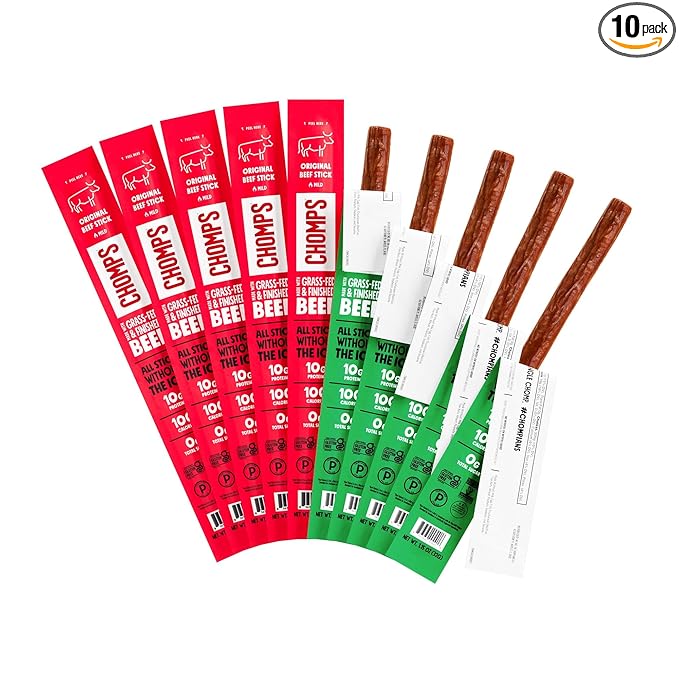 CHOMPS Grass Fed Beef Jerky Sticks Variety Pack 10 Sticks: (5) Original Beef (5) Jalapeno Beef…