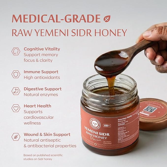 Raw Yemeni Sidr Honey BB+ Grade | Glass Jar | Unpasteurized Unfiltered &amp Unheated | Authentic Monofloral Do’ani Sidr Honey from Sidr (Jujube Ziziphus) Trees | 100% Pure &amp Natural | 10oz / 284