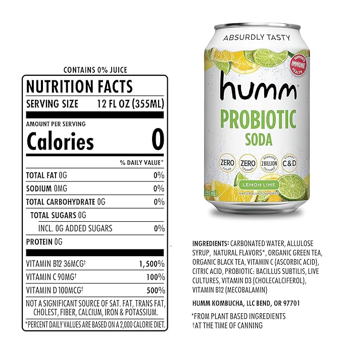 Humm Sparkling Probiotic Lemon Lime Soda Zero Sugar Zero Calorie 2 Billion Probiotics Vitamin C D and B12 12 fl oz (Pack of 12)