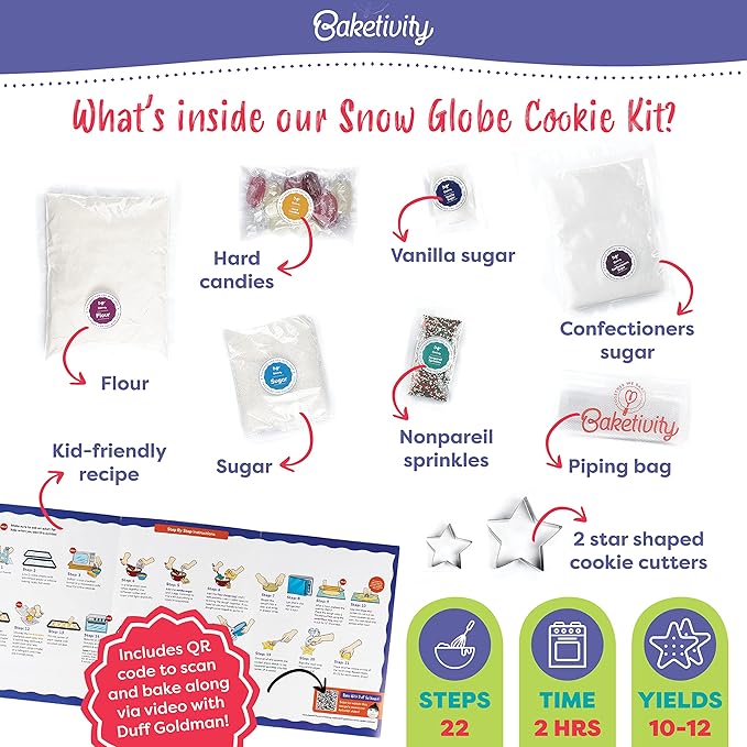 Baketivity Snow Globe Cookies Baking Kit - Duff Goldman Cooking Recipe - DIY Family Fun Cookie Making Kit - Pre Measured Ingredients Cookie Baking Kit for Kids - Tiny Gift for Kids Teens And Adults