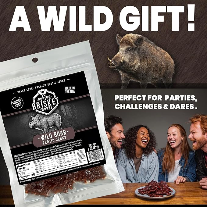WILD BOAR JERKY - 100% Feral Swine - Rustic Wild Game Snack Rugged Carnivore Gift for Him - Unique Meat Lover Present