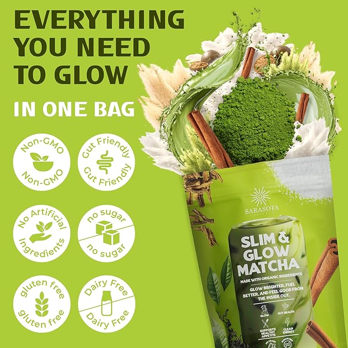 Slim &amp Glow Matcha Latte Powder – Collagen Peptides Organic Matcha Inulin Prebiotic Fiber Green Tea Extract Biotin – Gut Health Craving Control – 14 Servings