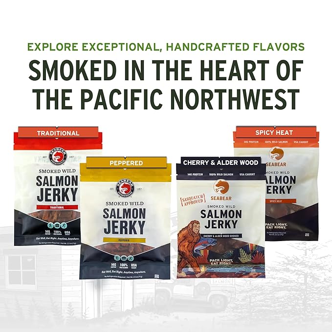 SeaBear Variety Traditional + Peppered Wild King Salmon Jerky 2-Pack Smoked Salmon Jerky Wild Caught Alaskan Salmon High-Protein Snack Cold Smoked &amp Ready to Eat Classic Smokehouse Flavor 2.5