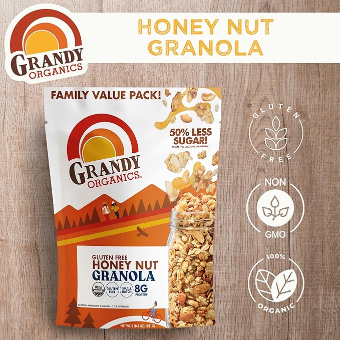 Grandy Organics Honey Nut Gluten Free Granola - Certified Organic Non-GMO Lower Sugar Family Value Size 2 Pound Bags Bulk Pack of 2