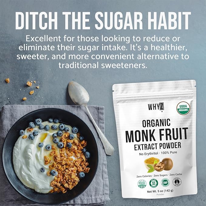Organic Monk Fruit Extract 5 oz Pure Monk Fruit Sweetener Organic No Erythritol and Zero Calorie Sugar Substitute Powdered Monkfruit Sweetener Keto and Paleo Diet Friendly 458 Servings