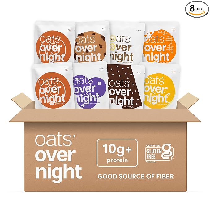 Oats Overnight Vegan Variety Pack - High Protein High Fiber Breakfast Protein Shake - Gluten Free Oatmeal Non GMO High Protein Oatmeal - Banana Bread Blueberry Cobbler &amp More (8 Pack)