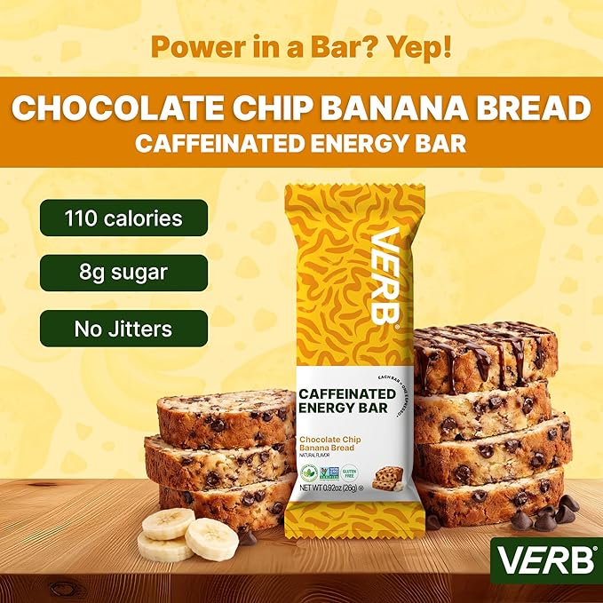 Verb Caffeinated Energy Bars Chocolate Chip Banana Bread (26g Pack of 16) 110-Calorie Delicious Energy Bar Gluten Free On-the Go Snack with 80mg Green Tea Caffeine Only Real-Food Ingredients