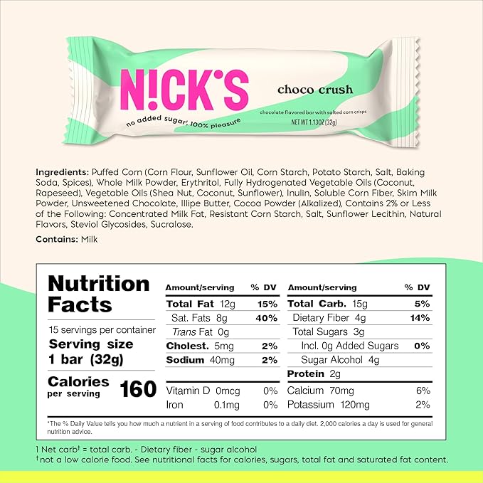 NICKS Choco Crush Chocolate Candy Bar with Salted Corn Puffs No Added Sugar Gluten Free 160 Calories 1.13 oz – 15-Pack (32g Each)