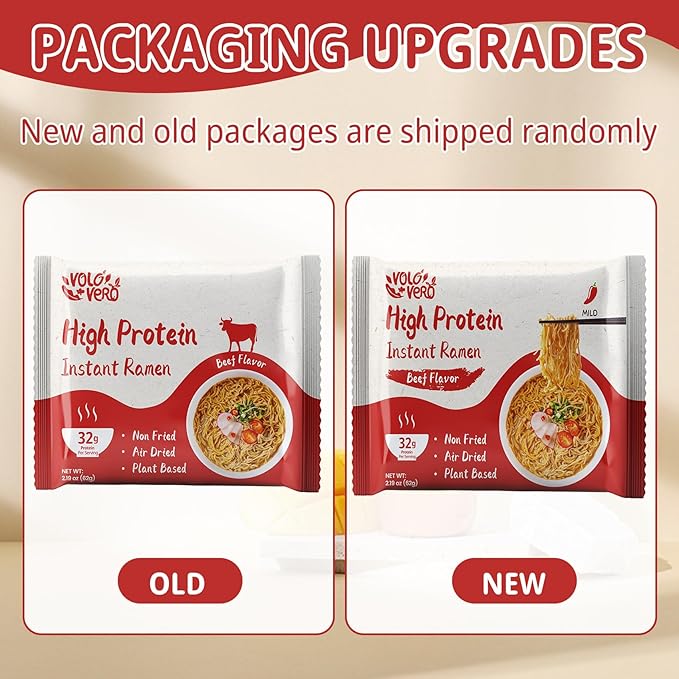 VOLO VERO High Protein (32g) Instant Ramen Noodles “Spicy Beef” Flavor Soup 8 Pack Plant-Based Low Carb Air-Dried Non-Fried Egg-Free Ready to Eat Dairy Free Healthy Meal