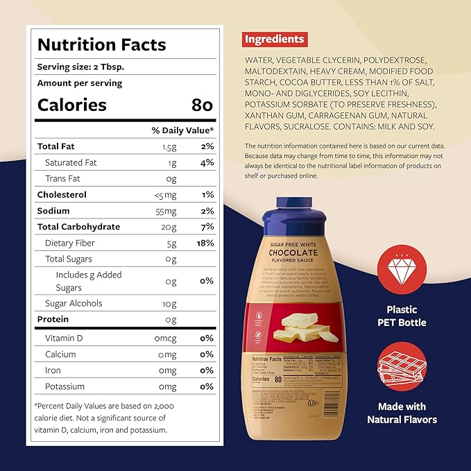 Torani Sugar Free White Chocolate Sauce for Crafting Coffeehouse Drinks Large Squeeze Bottle with Pump 64 Fl Oz