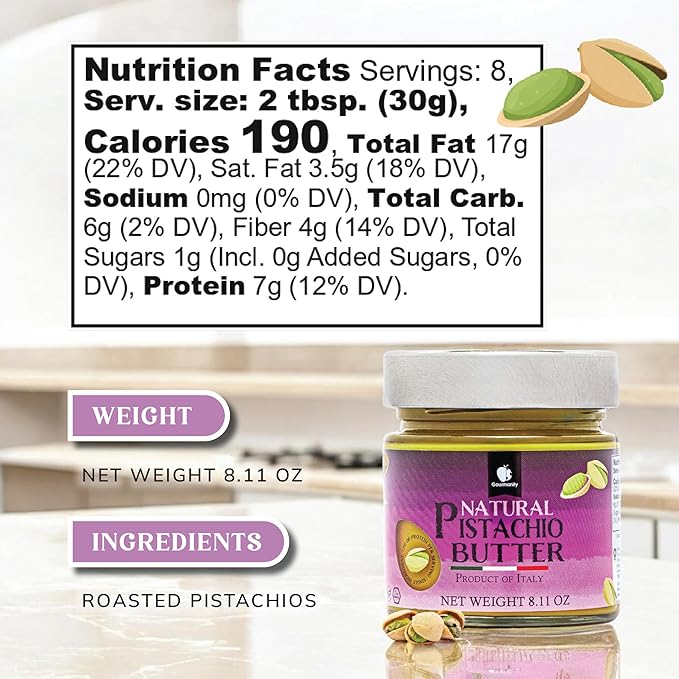 Gourmanity Pure Italian Pistachio Butter Spread 100% Nut Deliciousness Gourmet Pistachio Paste For Sweet And Savory Dishes No Added Sugar GF Vegan Keto and Paleo Friendly Kosher And Halal Certi