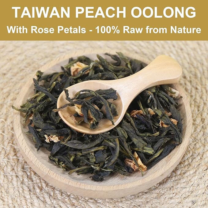 FullChea - Taiwan Peach Oolong Tea Loose Leaf - 8.8oz / 250g - Dongding High Mountain Blossom Tea - Gaoshan Ulong Green Tea - Blend with Natural Edible Rose Petals - Medium Caffeine