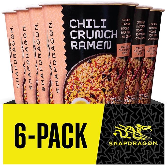Snapdragon Chili Crunch Ramen Cup Noodles - 6 Pack Instant Ramen Bowl with Authentic Wheat Noodles Soup Sauce Base Vege Pack and Chili Crunch Oil. Microwave or Hot Water Easy Meal Prep