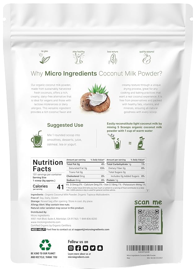 Micro Ingredients Organic Coconut Milk Powder 2 Lb | Plant-Based Creamer for Coffee Tea &amp Smoothies | Pure &amp Rich in MCT | Non-GMO Gluten-Free Keto &amp Paleo Friendly
