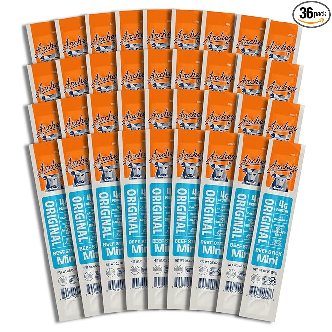 Archer Jerky Mini Beef Jerky Sticks - Grass Fed Beef Sticks Individually Wrapped Bulk Pack Protein Meat Snack Packs Gluten Free Paleo Keto - .5 oz (Pack of 36)