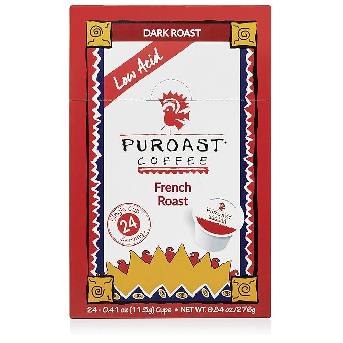 Puroast Low Acid Coffee Single-Serve Pods French Roast Certified Low Acid Coffee - pH above 5.5 Dark Roast Original (24 Count)- Gut Health Higher Antioxidant Roasted with Clean Energy - Compati