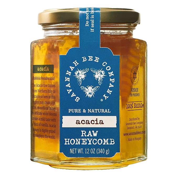 Savannah Bee Company Honey Comb Acacia Hex Jar - Glass Jar of Pure Acacia Honey