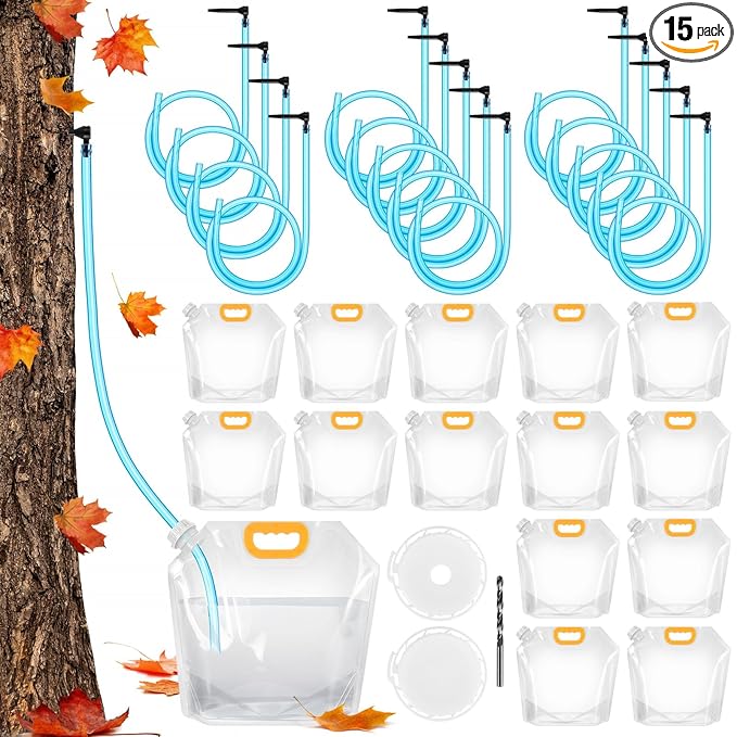 15 Sets Maple Syrup Tapping Kit Include Maple Syrup Taps 5L MapleSyrup Bags（Perforated &amp Non-perforated Two Types of Lids） 33Ft Tubing Drill Bit Maple Tree Tapping Kit for Experts or Beginner