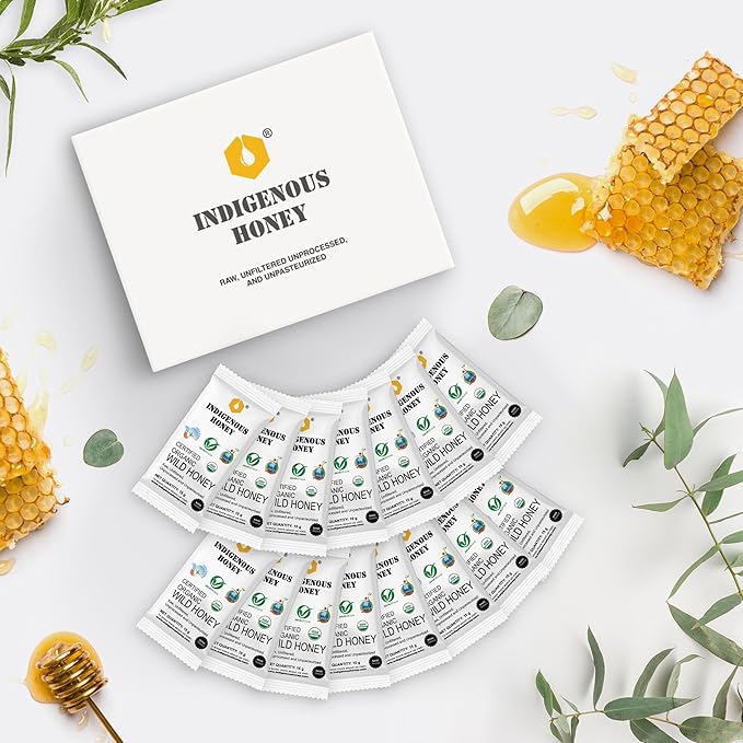 INDIGENOUS HONEY Organic Natural Wild Honey Raw Pure Unprocessed Added Sugar Free NMR Tested Unpasteurized Unheated 15 Sachets Gift Pack 15g Each Total 225g
