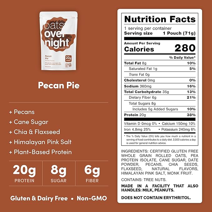 Oats Overnight Pecan Pie - Overnight Oats with 20g Plant-Based Protein High Fiber Breakfast Protein Shake - Vegan Gluten Free Oatmeal Non GMO High Protein Oatmeal (2.5 oz per Meal) (8 Pack)