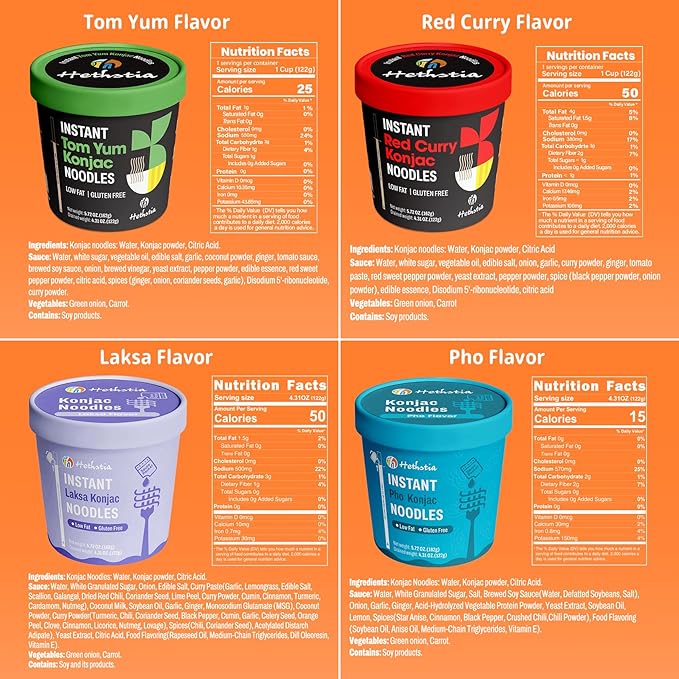 Hethstia High-Protein Ramen Cups &amp Konjac Shirataki Noodle Soup Cups 14 Pack – Pho Spicy Tom Yum Red Curry &amp Laksa Plant-Based Ready-to-Eat Meals